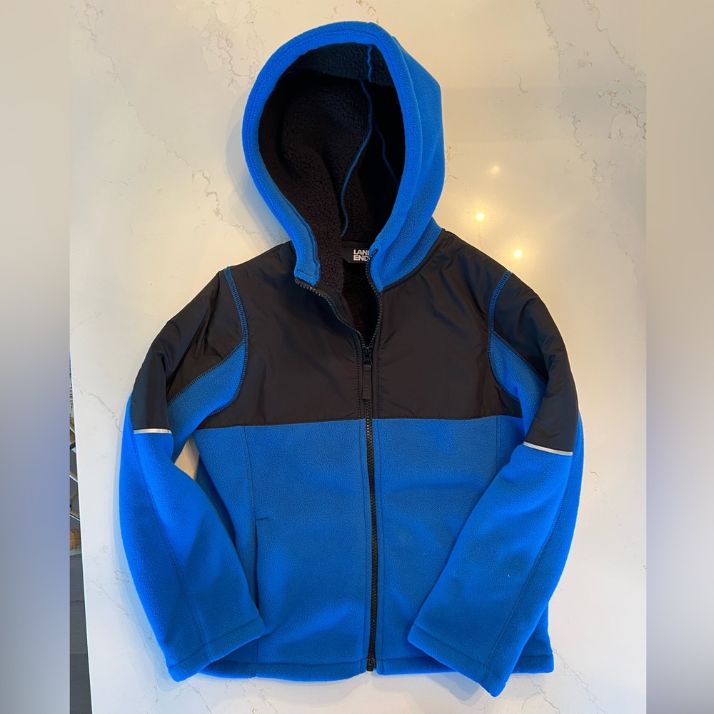 Lands' End Boys Blue and Black Hooded Fleece Jacket Coat 8
